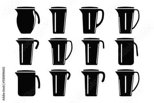 Collection of twelve black silhouette icons representing various styles of pitchers and jugs with handles and lids on a white background