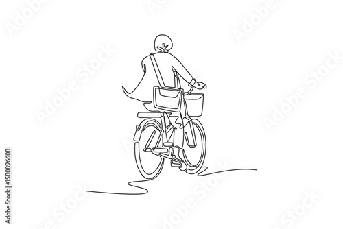 Single one line drawing back view businessman with briefcase riding his bicycle in town after commuting to work. Eco friendly transport. Modern continuous line draw design graphic vector illustration