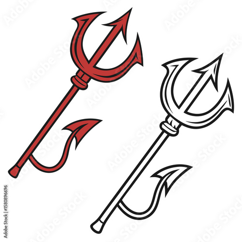 Two stylized devil tridents one in red and black outline the other in black and white outline symbolizing evil and temptation