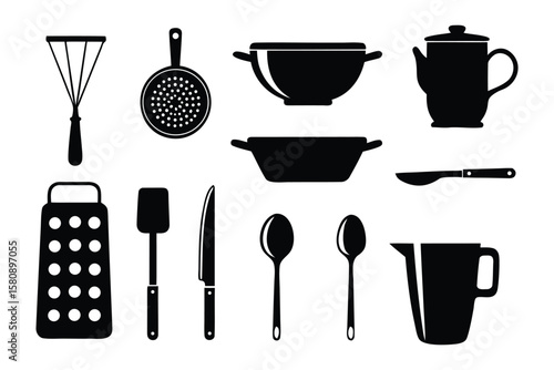 Kitchen Utensils: A collection of essential kitchen tools, meticulously crafted in silhouette, embodies culinary preparation and the art of home cooking.