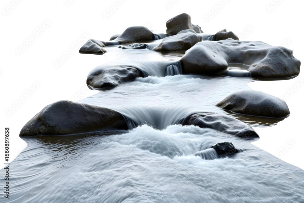 Fototapeta premium A flowing water river with rocks on transparent background 