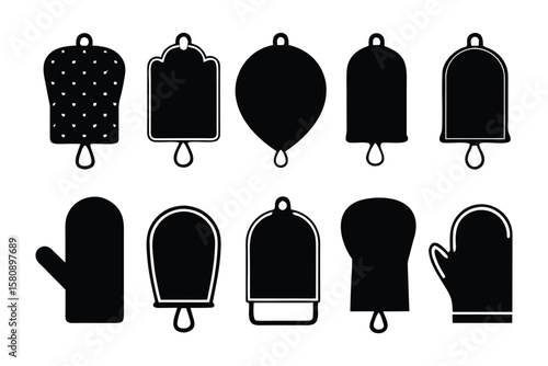 Collection of black silhouette icons representing oven mitts and various bell shapes with hanging loops isolated on a white background