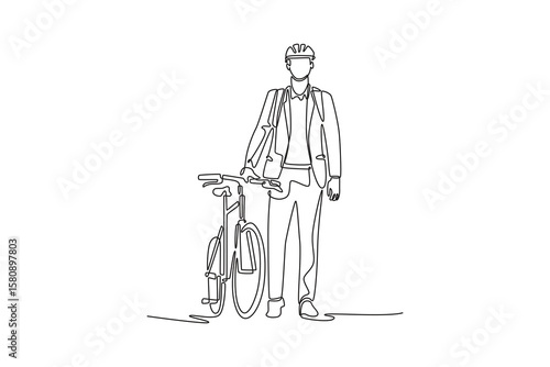 Single one line drawing young businessman with helmet and backpack posing next to his bicycle. Eco friendly transport, healthy active lifestyle. Continuous line draw design graphic vector illustration