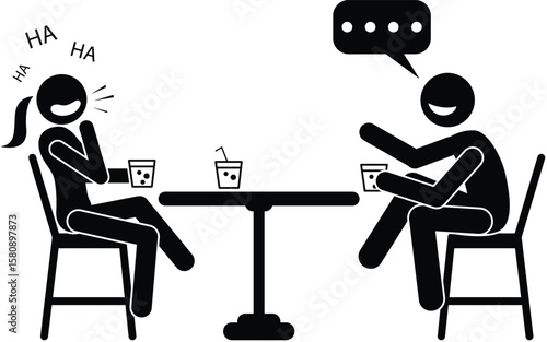 Funny stickman illustration of two people sitting with a table, chatting and laughing together while drinking bubble tea. Perfect for concepts like friendship, humor, dating, or social interaction.