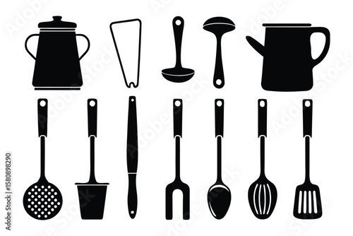 A collection of black silhouette kitchen utensils including pots ladles spatulas and serving spoons displayed on a white background