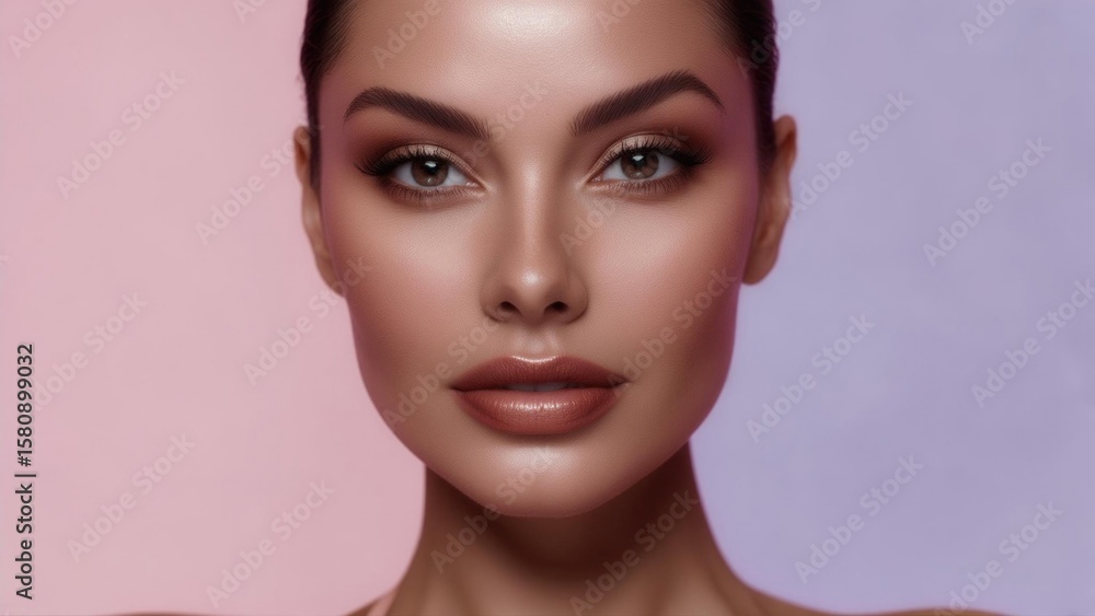 Fototapeta premium Young caucasian female with elegant makeup against gradient background