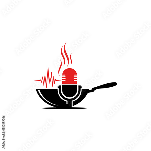 A microphone sits in a wok with sound waves and text