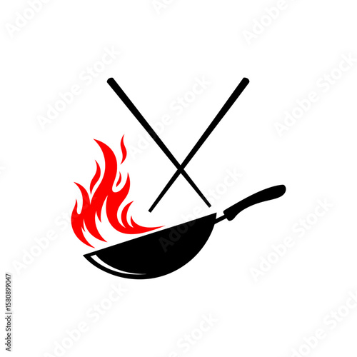 A wok with chopsticks and flames isolated on white background represents asian cuisine