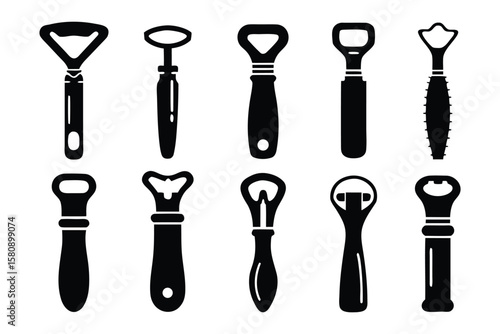 A collection of ten distinct black silhouette bottle openers and corkscrews displayed against a clean white background