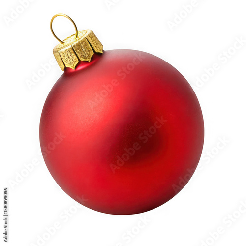 A single matte red christmas ornament with a gold cap and loop isolated on transparent background