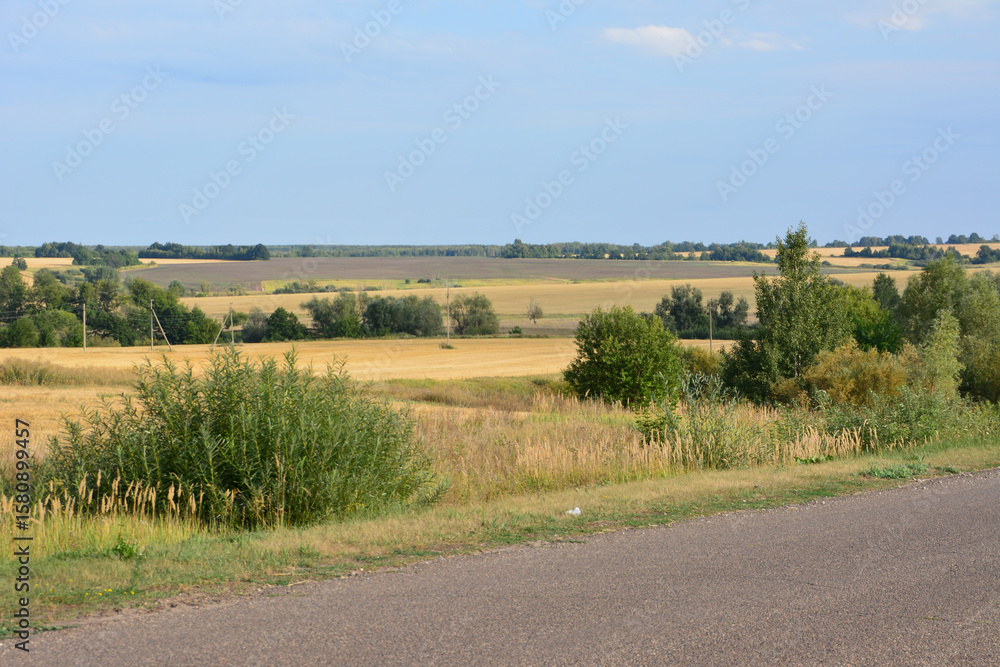 Obraz premium Scenic Rural Landscape with Fields and Road Under a Cloudy Sky