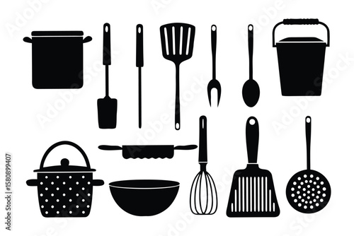 Kitchen Utensils Silhouette: A collection of iconic kitchen tools rendered in elegant silhouette, a tribute to culinary artistry and the joy of preparing a delicious meal. 