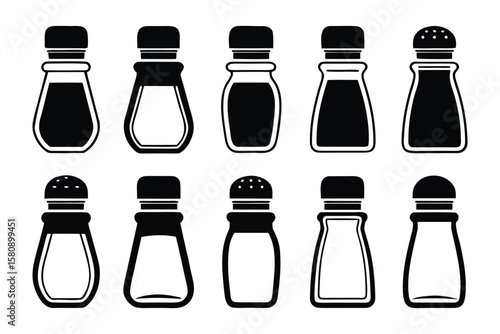 Collection of ten black and white vector icons depicting various styles of salt and pepper shakers with different lid designs and body shapes