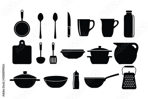 Kitchen Utensil Silhouette: A collection of kitchen utensils, featuring silhouettes of various cooking tools such as a pan, spoon, knife, cup, and pot. Suitable for culinary projects. 