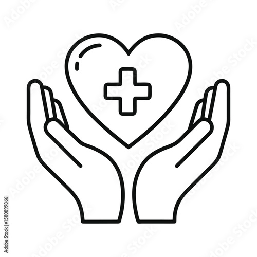 Health Support Icon – Hands Cradling Heart with Plus Sign Outline Vector Icon