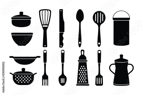Kitchen Utensils Silhouettes: A minimalist arrangement of various kitchen tools, each cast in a stark silhouette against a blank canvas, highlighting their essential forms and functions.