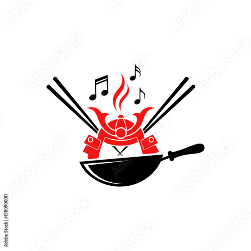 A samurai helmet is placed on a wok with chopsticks, symbolizing nightlife