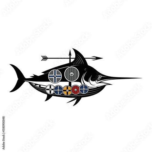 A viking swordfish ship sails the ocean, isolated on white background