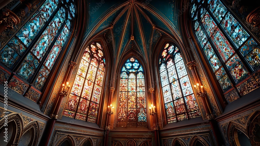 Obraz premium Large Colorful Stained Glass Window in Church Interior