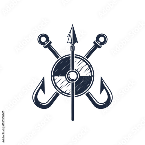 A viking shield with a spear and fishing hooks creates a powerful emblem