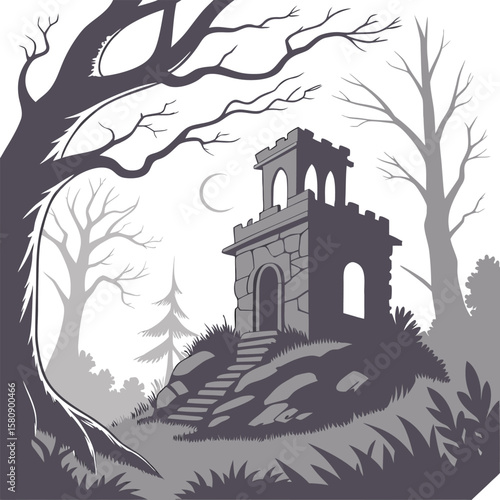 A spooky stone tower stands on a rocky hill surrounded by bare trees and a crescent moon in a monochrome atmospheric gothic landscape