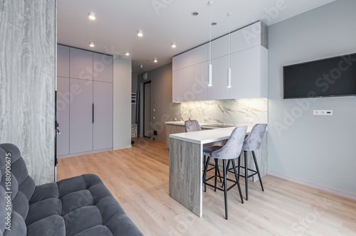 A living room with a sofa, TV and cabinets, together with a modern kitchen, are located in a small room in a small apartment in light gray tones
