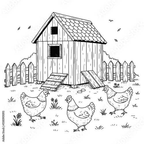 Charming rural scene featuring a simple wooden chicken coop and three contented hens pecking in the grassy farmyard	