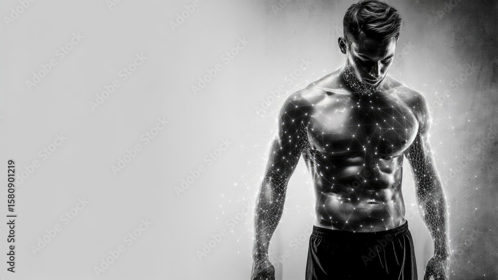 Fototapeta premium Fit caucasian male with digital network effect showcasing muscular physique