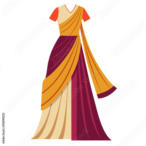 Elegant indian saree inspired gown design with pleats and draping