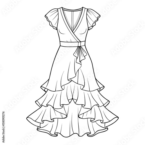 Fashionable high low hem dress with elegant ruffles and a flattering v neckline