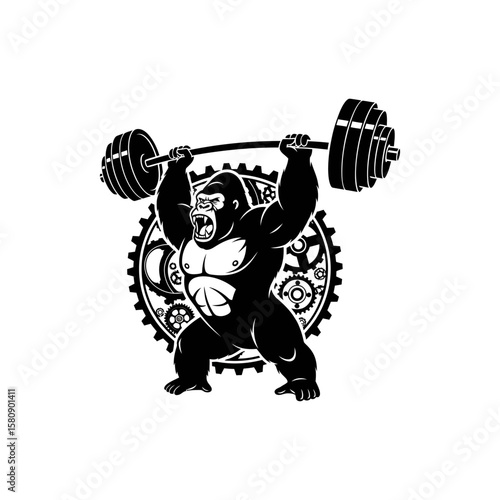 A powerful gorilla is lifting a barbell with a gear background isolated on white