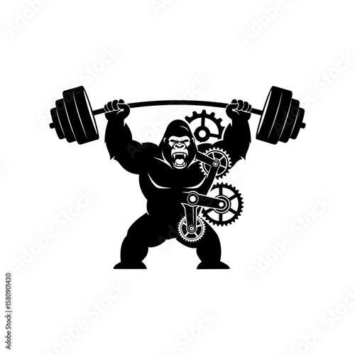 A strong gorilla weightlifter with gears symbolizes mechanical strength and fitness