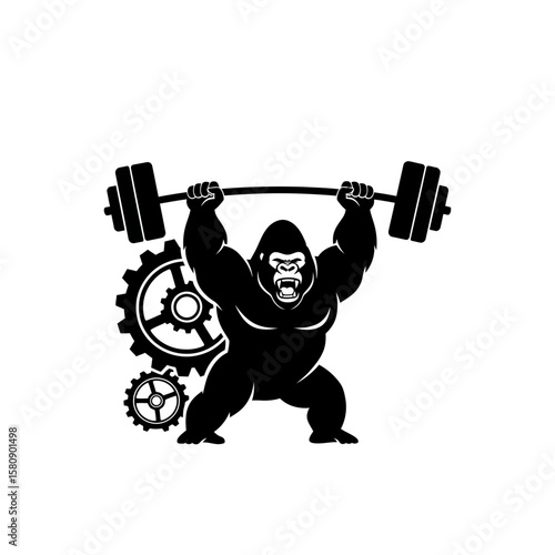 A powerful gorilla weightlifter with gears represents strength and mechanical prowess