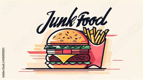 Colorful fast food illustration featuring burger and fries in retro style