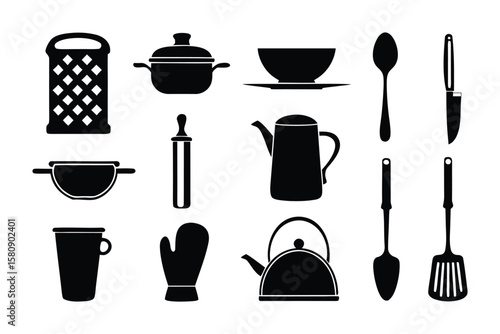 Kitchen Utensils Silhouette: A minimalist composition showcases an array of essential kitchen tools, rendered as elegant black silhouettes, perfect for culinary projects and kitchen design needs.