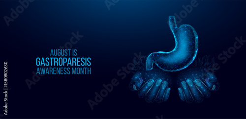 Gastroparesis awareness month concept. Banner template with glowing low poly stomach. Futuristic modern abstract. Isolated on dark background. Vector illustration.