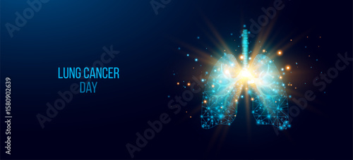 World Lung Cancer Day concept. Banner template with glowing low poly lungs. Futuristic modern abstract. Isolated on dark background. Vector illustration.