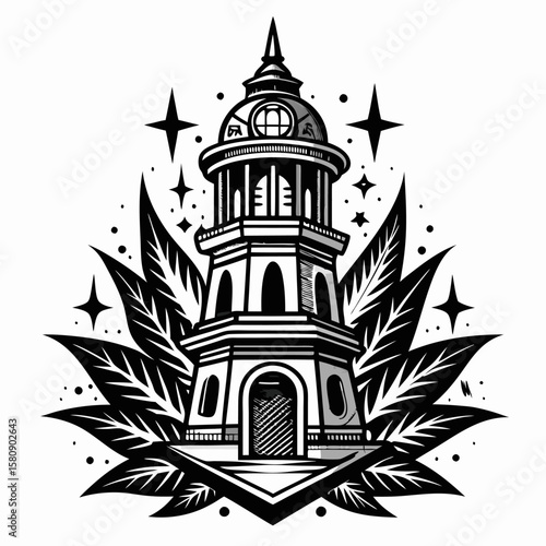 Monochrome Lighthouse Illustration with Leaves and Stars Design