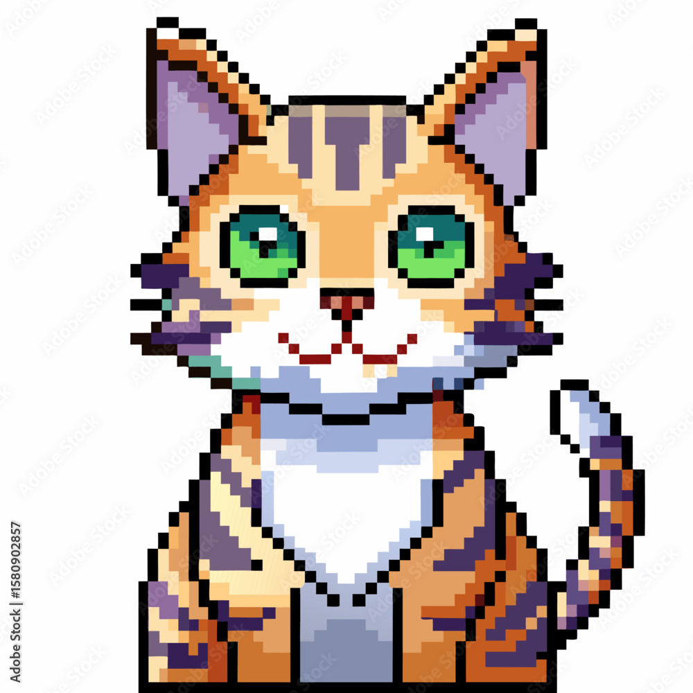 Obraz premium Cute Pixel Art Cat with Green Eyes and Striped Fur in Retro Style