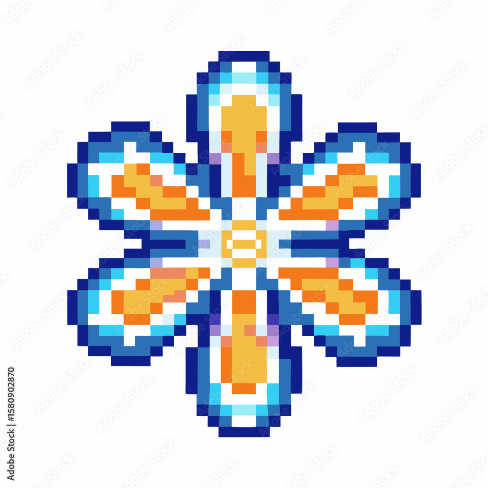 Fototapeta premium Pixel art flower illustration with symmetrical orange and blue petals, vibrant retro geometric digital design