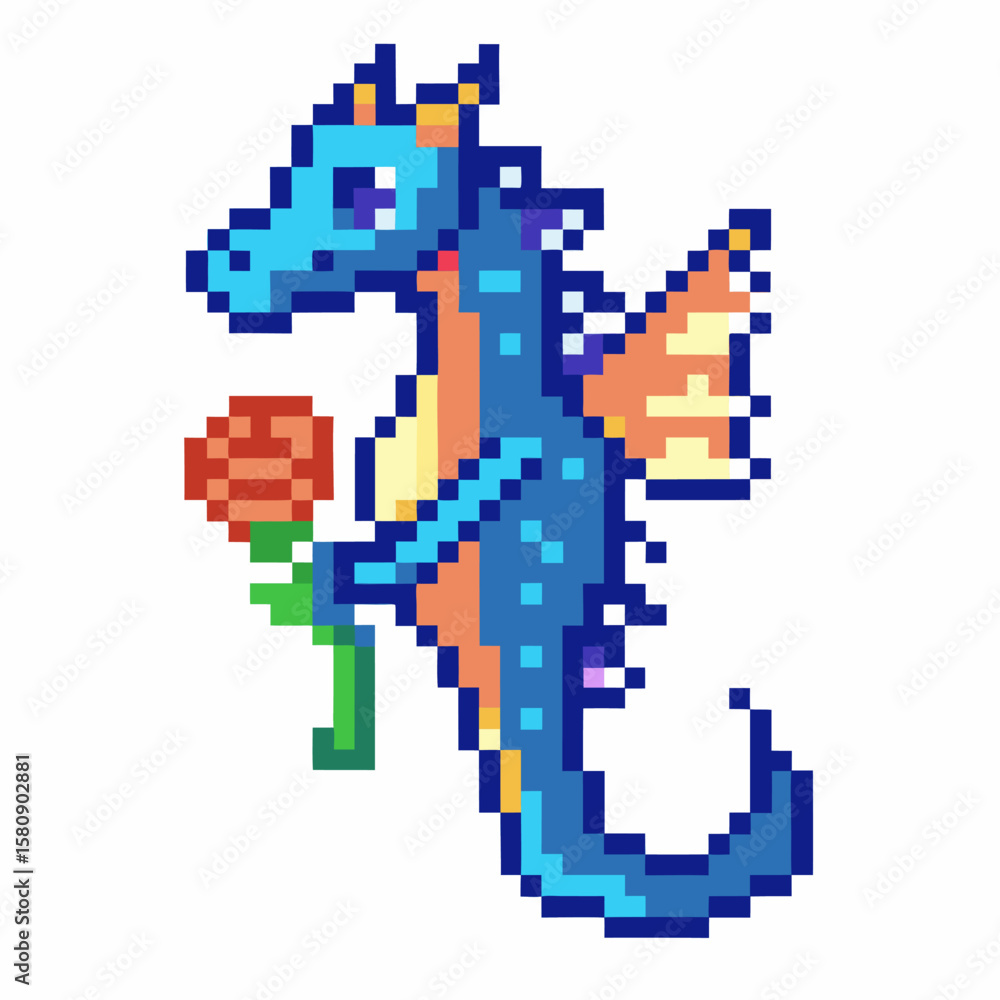 Fototapeta premium Blue pixel art dragon holding a flower cute retro fantasy character, digital 8 bit style, mythical creature illustration