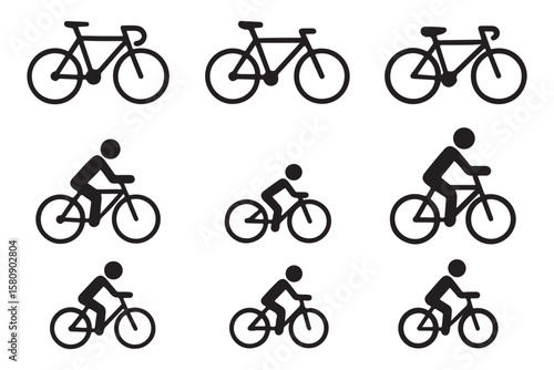 Man on bicycle icon outline collection or set in black and white