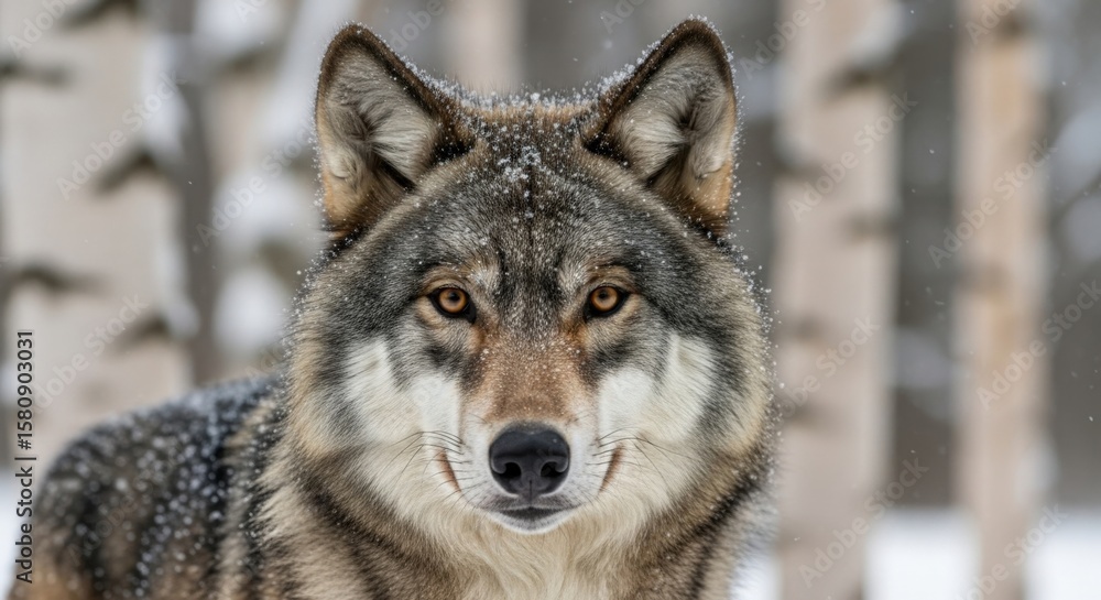 Fototapeta premium Gray Wolf Portrait Winter Snow Closeup Wildlife Animal Nature