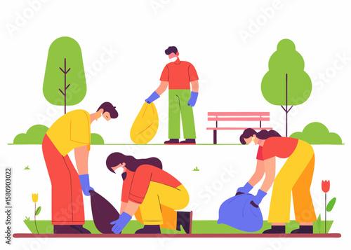 Community Cleanup Volunteers Working Together to Collect Trash in a Park Environment Illustrated