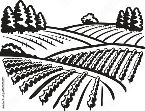 rural farmland landscape with cultivated fields and trees agricultural countryside, nature scene with rolling hills and crops