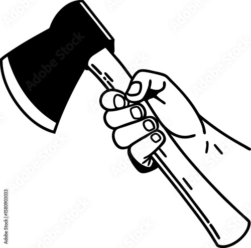 Hand gripping sharp survival axe, wood chopping tool, cutting equipment, strong handle, outdoor adventure, safety