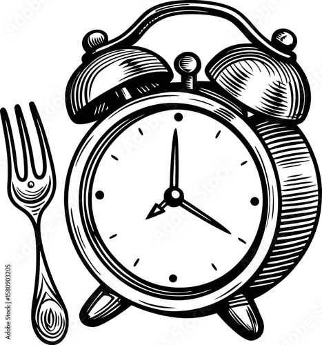 Retro alarm clock and fork symbolizing intermittent fasting, time restricted eating, meal schedule discipline, healthy lifestyle habits