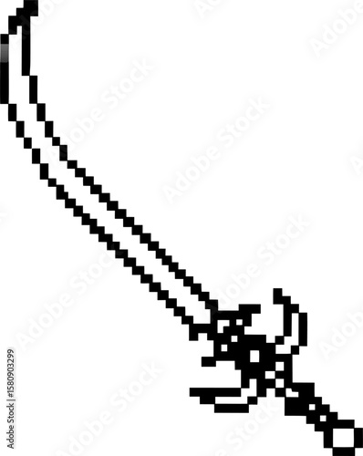 classic pixel art sword illustration retro gaming weapon, black outline, curved blade fantasy saber isolated on white background