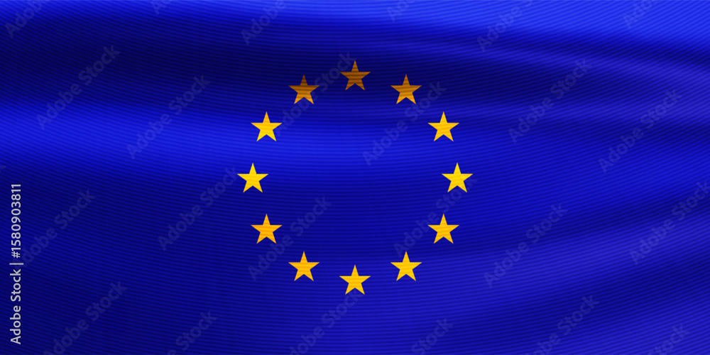 Realistic wavy European Union flag. Yellow EU stars in circle on blue flag. 3d vector illustration Realistic wavy European Union flag. Yellow EU stars in circle on blue flag. 3d vector illustration