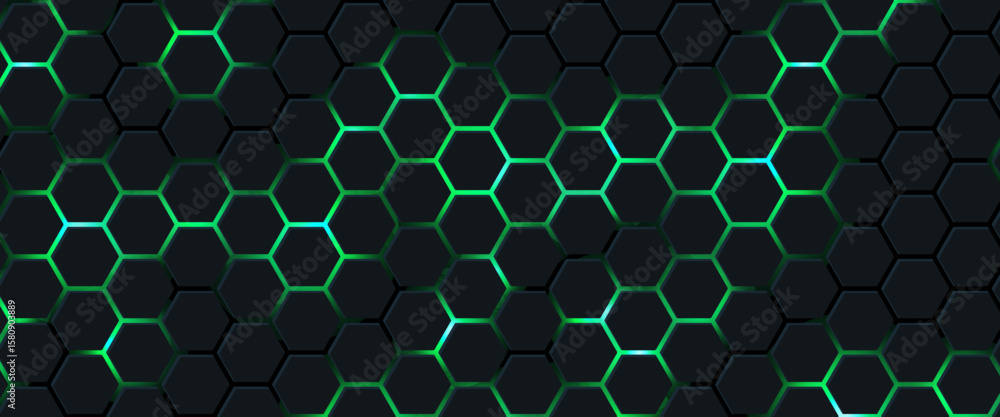Dark technology hexagonal vector abstract background. Green bright energy flashes under hexagon in dark technology futuristic modern background vector illustration. Gray honeycomb texture grid.